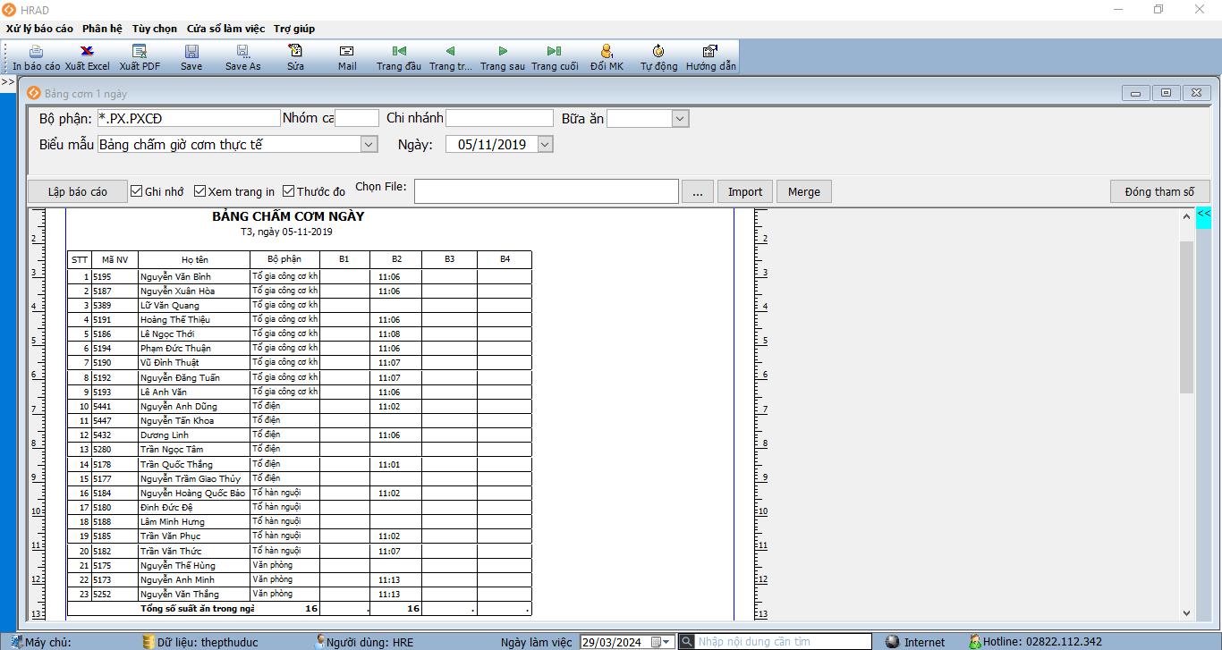Bảng chi tiết quẹt lấy suất ăn